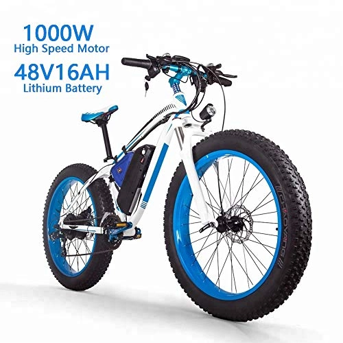 Electric Bike : HZYK 26'' Electric Mountain Bike Fat Tire E-Bike (1000w 48v 16ah) Lithium-Ion Battery Full Suspension 21 Speed Shifter Mountain Bike Double Disc Brakes Adults Smart LCD Meter, Blue