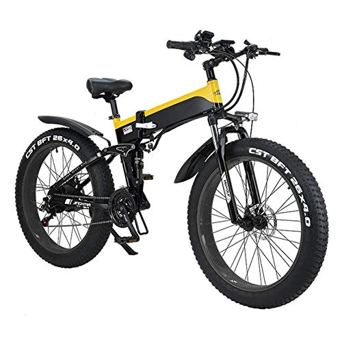 Electric Bike : JIEER Electric Folding Bike Bicycle for Adults, Portable Adjustable 26" Electric Bicycle / Commute Ebike Foldable with 500W Motor, 48V 10Ah, 21 / 7 Speed Transmission Gears for Cycling Outdoor-Yellow