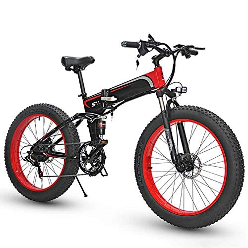 Electric Bike : JIEER Electric Folding Bike Fat Tire 26", City Mountain Bicycle, Assisted E-Bike Lightweight with 350W Motor, 7 Speed Shifter Accelerator, with LCD Screen-Red