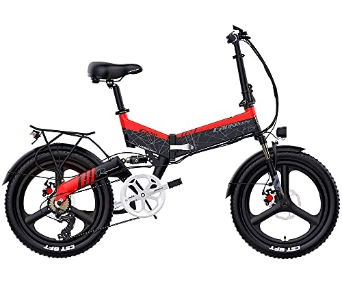 Electric Bike : LANKELEISI 20" Electric Bike for Adult, Foldable Electric Commuter Bicycle with 400W Brushless Motor 48V 10.4Ah / 12.8Ah / 14.5Ah Lithium Battery7-speed Gear (Black red, 12.8Ah+Spare Battery)