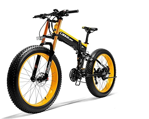 Electric Bike : LANKELEISI adult electric bicycle, 1000W motor, 48V 14.5Ah, SHIMANO professional 27-speed gearbox, LCD intelligent riding assistance, anti-theft device 26 * 4.0 fat tire mountain bike (yellow)