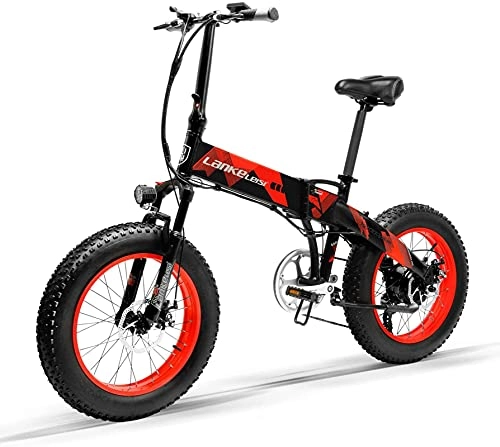Electric Bike : LANKELEISI Adult Electric Bicycle, 48V 12.8AH 1000W X2000 All-round Electric Bicycle, 20" 4.0 Fat Tire 7-speed Mountain Folding Electric Bicycle (Red, Add spare battery)