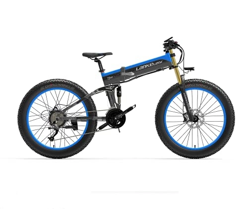 Electric Bike : LANKELEISI Adult Electric Bike, 48V 14.5AH 1000W 750PLUS All-round Electric Bicycle, 26" 4.0 Fat Tire Mountain Folding Electric Bicycle, with Anti-theft Device (Blue, No spare battery)