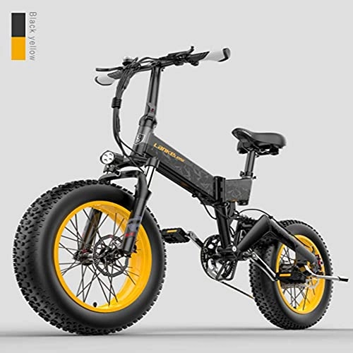 Electric Bike : LANKELEISI electric bicycle 1000W mountain bike, 20 * 4.0 fat tire electric bicycle, adult folding bicycle, Shimanano 27-speed electric bicycle, 48V 14.5Ah super lithium battery. (yellow)