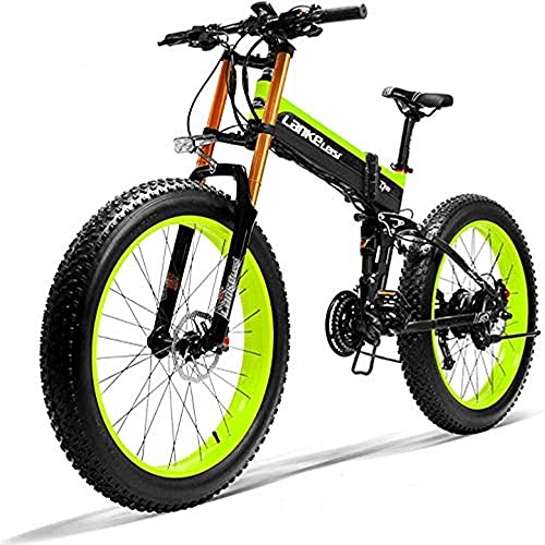 Electric Bike : LANKELEISI XT750 PLUS Electric bicycle, adult electric bicycle with 1000W brushless motor, 26-inch foldable fat tire electric bicycle, 48V 14.5AH with anti-theft device (Green, No+ Spare battery)