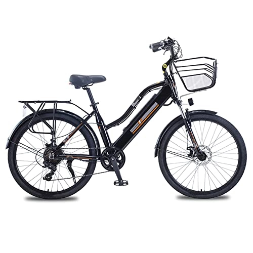 Electric Bike : LDGS ebike Women Mountain Electric Bike with Basket 36V 350W 26 Inch Electric Bicycle Aluminum Alloy Electric Bike (Color : Black, Number of speeds : 7)