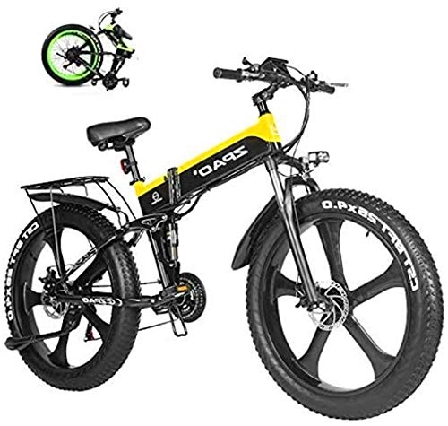 Electric Bike : Leifeng Tower High-speed 1000W Fat Electric Bike 48V Lithium Battery Mens Mountain E Bike 21 Speeds 26 Inch Fat Tire Road Bicycle Snow Bike Pedals With Beach Cruiser Mens Sports (Color : Yellow)