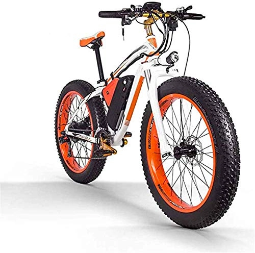 Electric Bike : Leifeng Tower High-speed Adult Electric Bicycle / 1000W48V17.5AH Lithium Battery 26-Inch Fat Tire MTB, Male and Female Off-Road Mountain Bike, 27-Speed Snow Bike (Color : Orange)