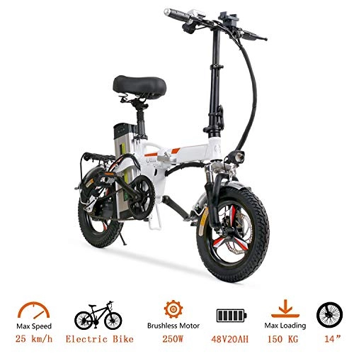 Electric Bike : LIU Folding Electric Bicycle, Aluminum 14 Inch Electric Bike for Adults E-Bike with 48V 20AH Built-in Lithium Battery, 250W Brushless Motor, White
