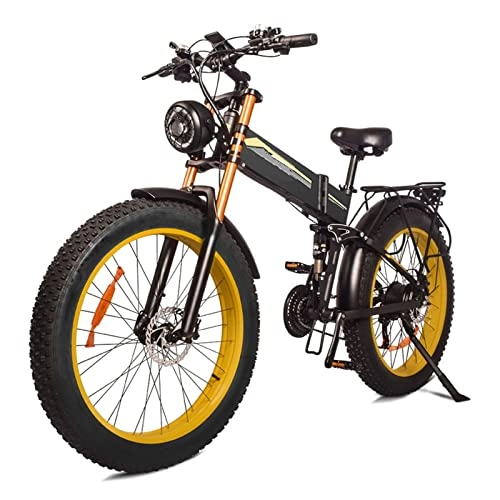 Electric Bike : LWL Electric Bike Foldable for Adults 1000W Motor 48V 14Ah Battery Electric Bicycle 26 Inch Fat Tires Men Mountain Snow Ebike (Color : Yellow)