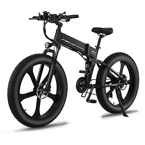 Electric Bike : LWL R5s Adult Electric Bike 26 Inch Fat Tire Mountain Street Ebike 1000W Motor 48V Electric Bicycle Foldable Electric Bike (Color : Black, Size : 2 battery)