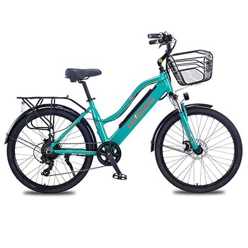 Electric Bike : LWL Women Mountain Electric Bike with Basket 36V 350W 26 Inch Electric Bicycle Aluminum Alloy Electric Bike (Color : Green, Number of speeds : 7)