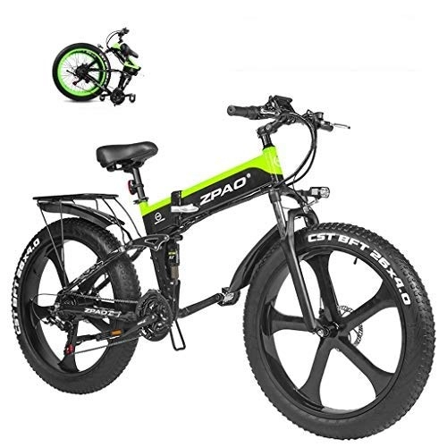 Electric Bike : LYRWISHLY 1000W Fat Electric Bike 48V Lithium Battery Mens Mountain E Bike 21 Speeds 26 Inch Fat Tire Road Bicycle Snow Bike Pedals With Beach Cruiser Mens Sports (Color : Green)