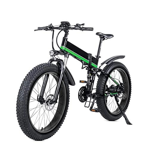 Electric Bike : LYUN 1000W Foldable Electric Bike for Adults 24MPH, 26 Inch Mountain Fat Tire Electric Bicycle 48V 12.8Ah 21 Speed Folding E-Bike (Color : Green)