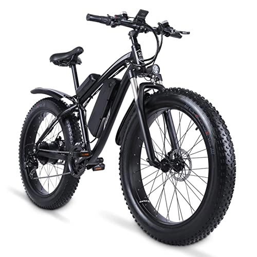 Electric Bike : LYUN Men Electric Bike for Adults 1000W 26" Fat Tire Snow E Bike 48V 17Ah Lithium Battery 21-Speed Electric Bike 25 Mph (Color : Black)