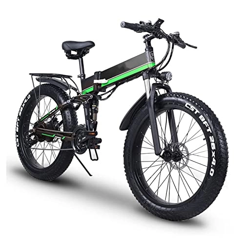 Electric Bike : LYUN Waterproof Mountain Electric Bike 1000W Foldable Snow E Bike 26 Inch Tires, 20MPH Adults Ebike with Removable 12.8Ah Battery (Color : Green)