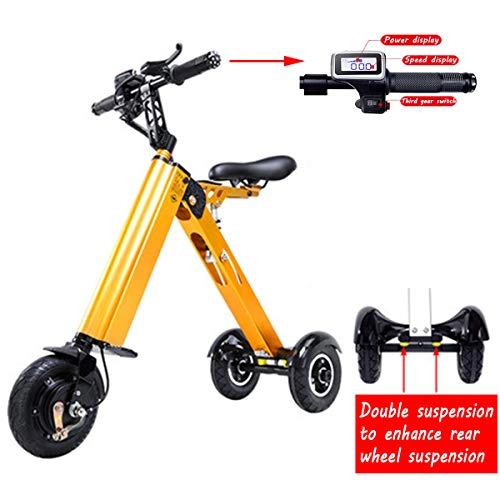Electric Bike : Mini Folding Electric Car Adult Lithium Battery Bicycle Tricycle Lithium Battery Foldable Portable Travel Battery Car (can Withstand Weight 120KG) Yellow