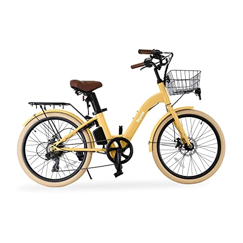 Electric Bike : Mycle Ladies Electric Bike | Electric Bike for Adults | Shimano Gears | 250W High Speed Motor | 50km Range | 5 Power Levels & Microshift 7 Speed Gears | 24” Tyres | LCD USB Display (Mustard Yellow)