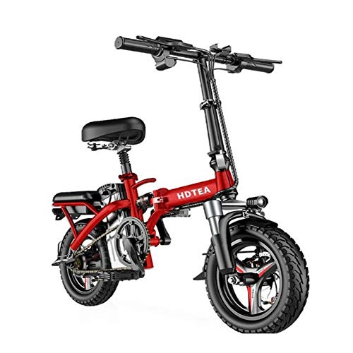 Electric Bike : N / / A Adult Electric Bikes, Folding Electric Bike 14-inch Electric Bike, Commuter Electric Bike, 48V / 250W Brushless Motor (red, 90KM)
