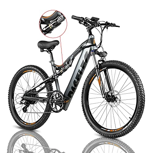 Electric Bike : PASELEC Electric Mountain Bikes for Adults 27.5'' Electric Bicycle, Hydraulic Brakes, 500W 48V 13ah Ebike with Moped Cycle, Full Suspension E-MTB, Professional 9-Speed Gears for adult (GREY)