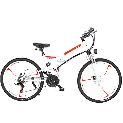 Electric Bike : Pc-Glq Folding Electric Mountain Bike, 26'' Electric Bike E-Bike 21 Speed Gear And Three Working Modes. with Removable 48V 10 / 12.8AH Lithium-Ion Battery 350W Motor, White, 10AH