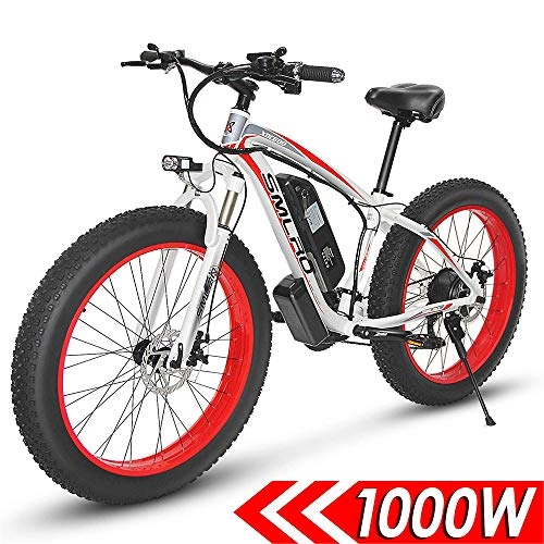 Electric Bike : QDWRF 1000W Mountain Ebike Electric Bike, 26"for Road / Beach / Sch Bike Tires, Fat Electric Mountain Bike (Red)