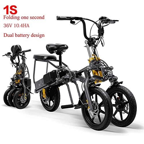 Electric Bike : Qnlly 2 Batteries 36V 250W Foldable Mini Tricycle Electric Tricycle 14 Inches 10.4Ah 1 Second High-End Electric Tricycle Folding Easily