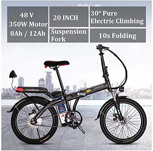 Electric Bike : RDJM Ebikes, 20" Electric Mountain Bike Foldable Adult Double Disc Brake And Full Suspension Mountain Bikes Bicycle Adjustable Seat LCD Meter（48V 12Ah 250W） (Color : Black, Size : 12Ah)