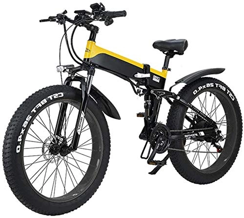 Electric Bike : RDJM Ebikes Folding Electric Bike for Adults, Lightweight Alloy Frame 26-Inch Tires Mountain Electric Bike with With LCD Screen, 500W Watt Motor, 21 / 7 Speeds Shift Electric Bike (Color : Yellow)