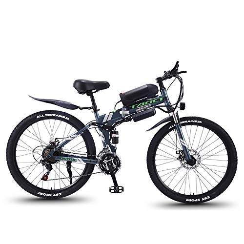 Electric Bike : REWD Folding Electric Mountain Bike, 350W Snow Bikes, Removable 36V 8AH Lithium-Ion Battery for, Adult Premium Full Suspension 26 Inch Electric Bicycle (Color : Grey)