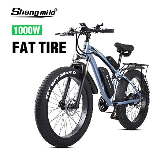 Electric Bike : Shengmilo 26 Inch Fat Tire Electric Bike 48V 1000W Motor Snow Electric Bicycle with Shimano 21 Speed Mountain Electric Bicycle Pedal Assist Lithium Battery Hydraulic Disc Brake(MX02S) (Blue)