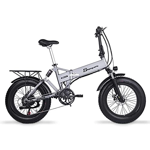 Electric Bike : SHENGMILO Adult Folding Electric Bicycle, 20 * 4.0 Fat Tire Electric Bicycle with 500W Motor 48V 12.8AH Battery, Commuter or Mountain Bicycle, 7 Shift Lever Accelerator (Grey, No spare battery)