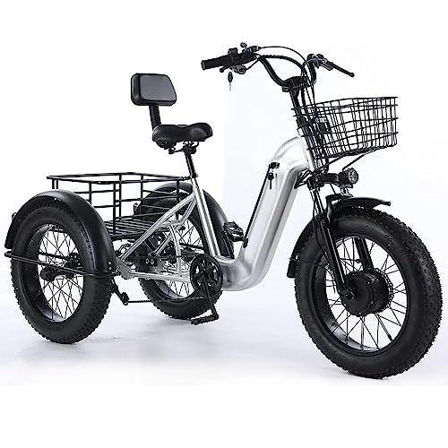Electric Bike : SKVLF 20 Inch Fat Tire Electric Bicycle Adult Electric Tricycle, Electric Tricycle with Rear Basket Snow Tricycle Shopping Bicycle, Detachable Lithium Battery