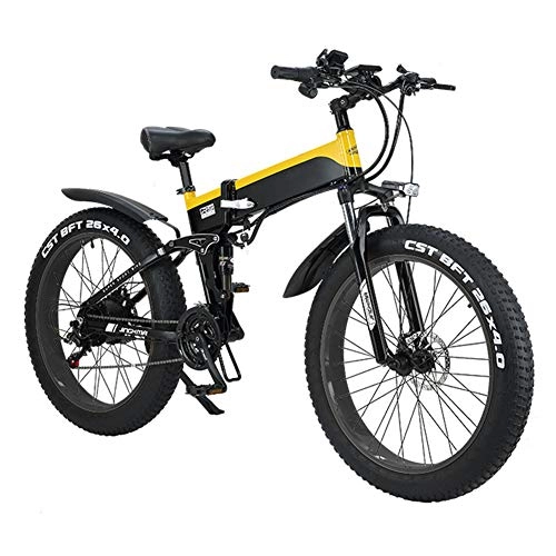 Electric Bike : TANCEQI Adult Folding Electric Bikes, Hybrid Recumbent / Road Bikes, with Aluminum Alloy Frame, LCD Screen, Three Riding Mode, 7 Speed 26 Inch City Mountain Bicycle Booster, Yellow