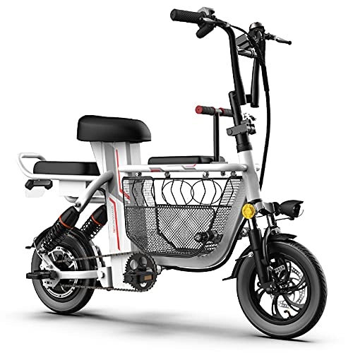 Electric Bike : TGHY Folding Electric Bike 12" 350W E-Bike for Adults Large Capacity Basket for Family Shopping 3-Seat for Baby and Kids 48V Lithium Battery Dual Shock Absorbers, White, 55km