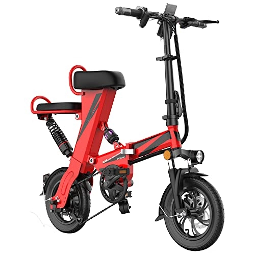 Electric Bike : TGHY Portable Electric Bike 12-inch Folding Bicycle for City Commuter 25km / h 45km Range Pedal Assist 350W Motor 15Ah Lithium Battery Small E-Bike with Double Seats for Adult, Red
