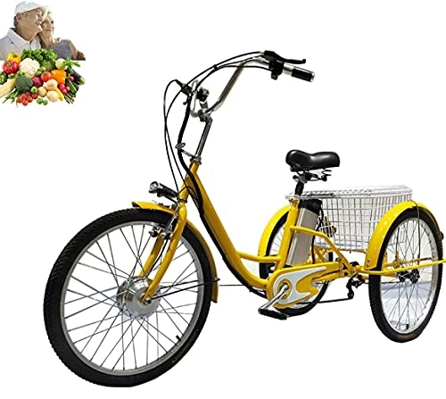 Electric Bike : Tricycle electric adult power-assisted tricycle manpower 24'' high carbon steel frame lithium battery 3-wheeler with enlarged basket for parents