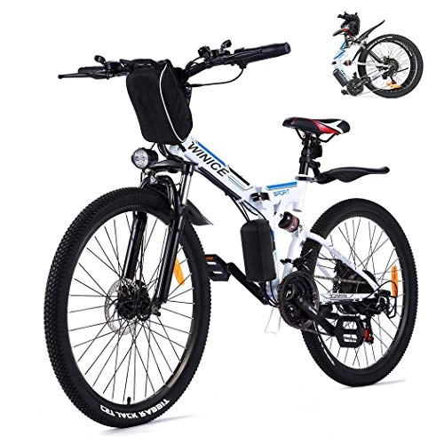 Electric Bike : Vivi 26" Folding Electric Bike For Adults, 350W Mountain E-Bike, 36V 8AH Removable Battery 21 Speed Electric Bicycle, Full Shock Absorption (White blue)