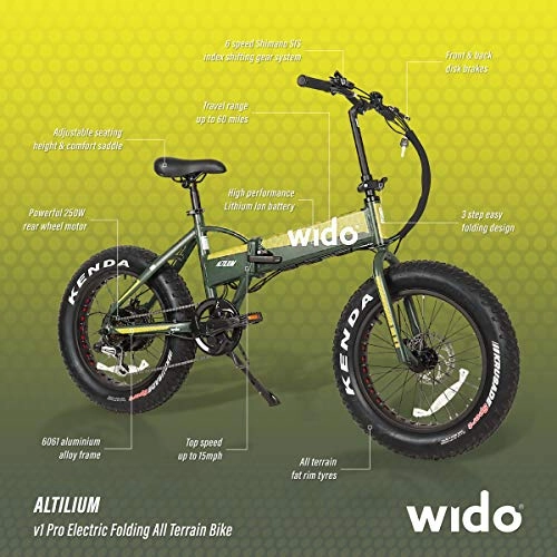 Electric Bike : Wido Folding Ebike Electric All Terrain Mountain Bike Lithium Powered Rechargeable Battery Fat Tyre Bicycle