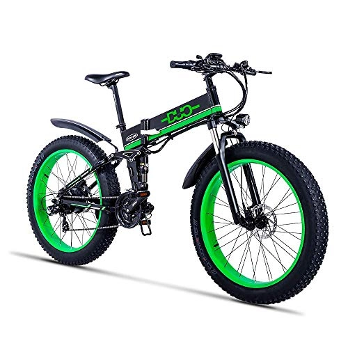 Electric Bike : WK Electric Bike 26 Inches Folding Fat Tire Snow Bike 12Ah Li-Battery 21 Speed Beach Cruiser Full Suspension Men Women Mountain E-bike with Rear Seat lili