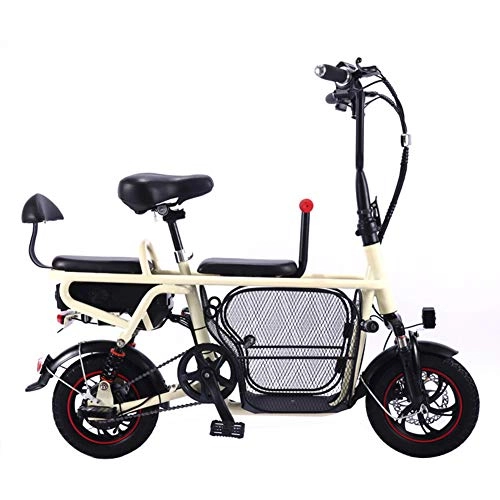 Electric Bike : WM Adult Electric Bicycle Folding Commuter Bicycle With Children's Seat 13a Lithium Battery Portable Pet Basket Two-wheeled Electric Car, Beige