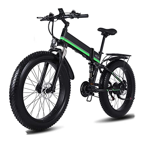 Electric Bike : WMLD Mountain Foldable Electric Bike 4.0 Fat Tire 1000W Mountain Electric Bike 26 Inch Tire Snow Electric Bicycle Men 48V Adult Cycling E bike (Color : Black Green)