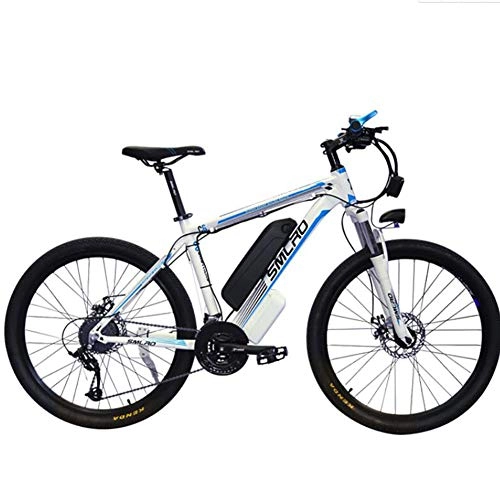Electric Bike : WXX 350W 26-Inch Electric Mountain Bike Double-Disc Brake Removable Large-Capacity Lithium-Ion Battery (48V 10AH) Bicycle 21-Speed Gear Three Working Modes, white blue