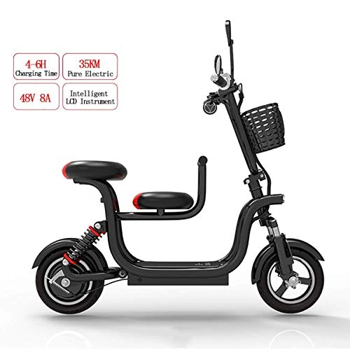Electric Bike : WYD Folding Electric Bicycle Adult Double Disc Brakes Mountain Bike with 10 Inch Tire and Child Sitting 400W 48V High Power E-Bike with Top Speed 37 km / h, Black