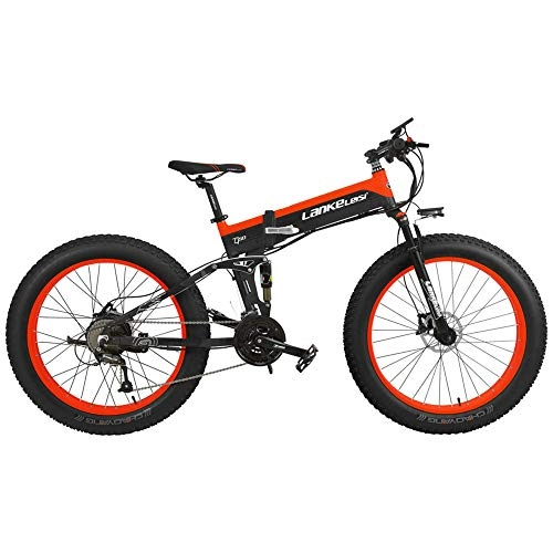Electric Bike : XHCP bicycle Mountain bike 27 Speed 500W Folding Electric Bicycle 26 * 4.0 Fat Bike 5 PAS Hydraulic Disc Brake 48V 10Ah Removable Lithium Battery Charging (Black Red Standard, 500W + 1 Spare Battery)