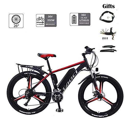 Electric Bike : YMhome 26''Electric Mountain Bike with Removable Large Capacity Lithium-Ion Battery (36V 350W 10AH), Electric Bike 21 Speed Gear And Three Working Modes, Black Red