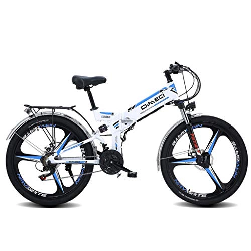 Electric Bike : YUNYIHUI Electric folding bike, urban road electric car, 300W 48V Disc Brakes Commuter Bike, Premium Full Suspension and Shimano 21 Speed Gear, White three knife wheel-300W48V10A