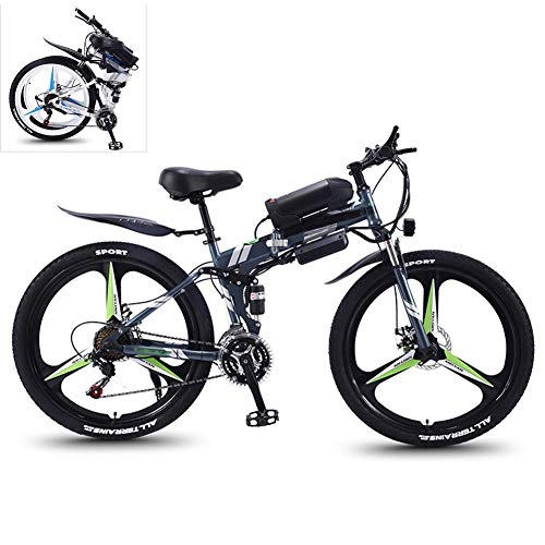 Electric Bike : YZT QUEEN Electric Bikes, 21-Speed High-Carbon Steel Foldable Electric Mountain Bike All Terrain, 26-Inch 36V 350W Removable Lithium Battery Mountain Bike, Gray, 36V10AH