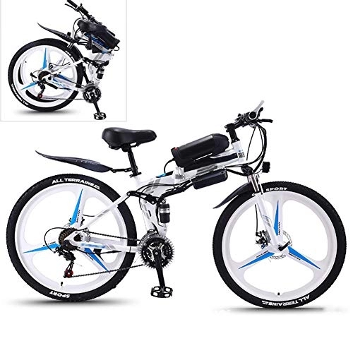 Electric Bike : YZT QUEEN Electric Bikes, 21-Speed High-Carbon Steel Foldable Electric Mountain Bike All Terrain, 26-Inch 36V 350W Removable Lithium Battery Mountain Bike, White, 36V8AH