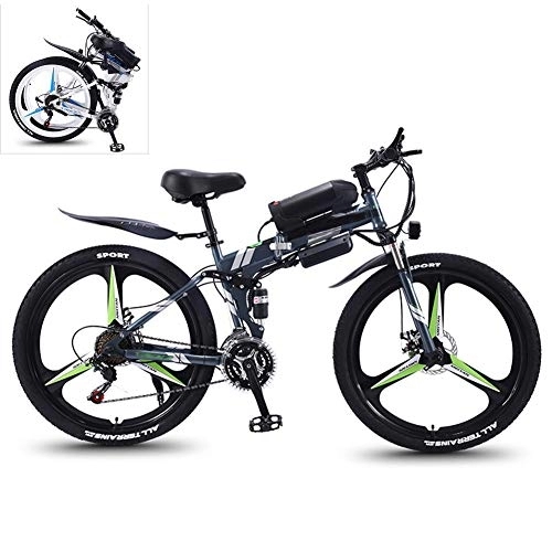 Electric Bike : YZT QUEEN Electric Bikes, 27-Speed High-Carbon Steel Foldable Electric Mountain Bike All Terrain, 26-Inch 36V 350W Removable Lithium Battery Mountain Bike, Gray, 36V8AH